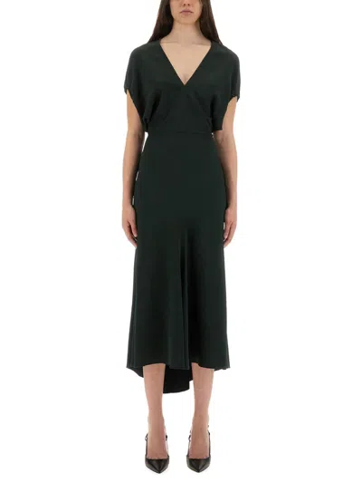 Victoria Beckham Green Midi Dress With Ruched Sleeves And V Neck In Green