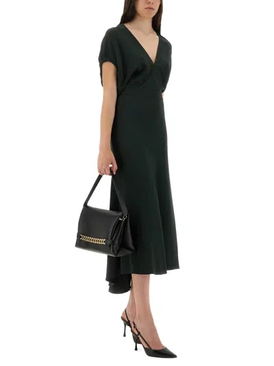 Victoria Beckham Green Midi Dress With Ruched Sleeves And V Neck In Green