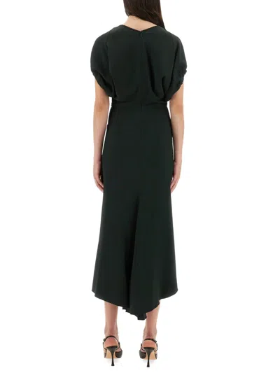 Victoria Beckham Green Midi Dress With Ruched Sleeves And V Neck In Green