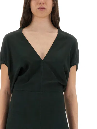 Victoria Beckham Green Midi Dress With Ruched Sleeves And V Neck In Green