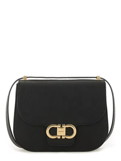 Ferragamo Women Black Crossbody Bag With Double Gancini Plaque On The Front In Grained Leather Woman In Black