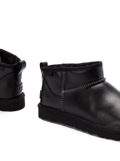 Ugg Classic Ultra Mini Leather Ankle Boots With Plush Lining In Black