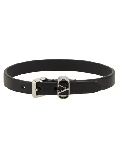 Valentino Ovalette Leather Bracelet In Black