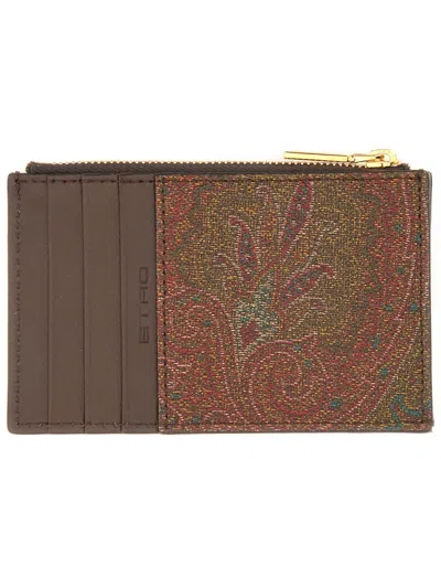 Etro Embroidered Logo Zip Around Card Slots In Brown