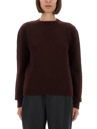 Maison Margiela Dropped Shoulder Burgundy Wool Sweater With Ribbed Details In Brown
