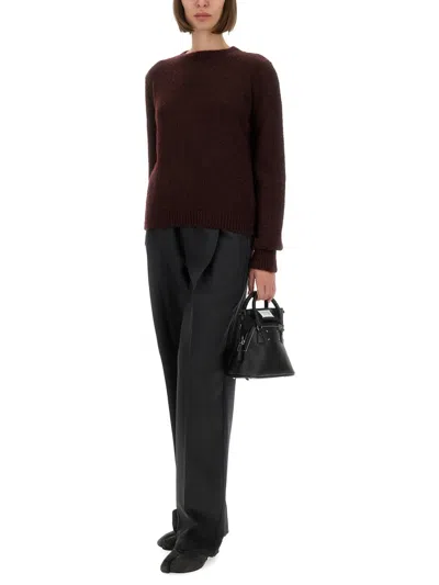 Maison Margiela Dropped Shoulder Burgundy Wool Sweater With Ribbed Details In Brown