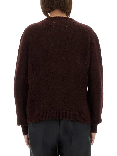 Maison Margiela Dropped Shoulder Burgundy Wool Sweater With Ribbed Details In Brown
