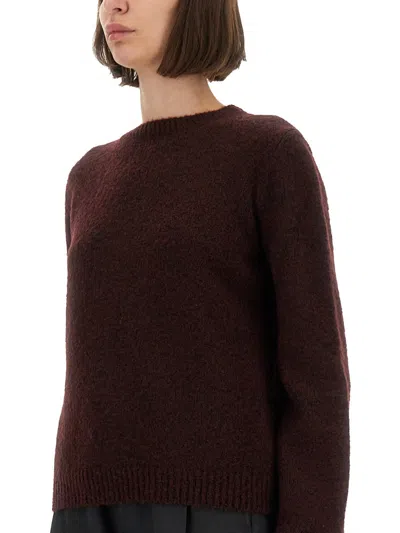Maison Margiela Dropped Shoulder Burgundy Wool Sweater With Ribbed Details In Brown