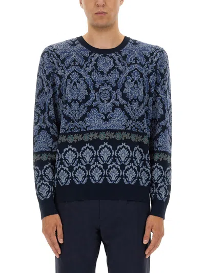 Etro Crew Neck Sweater Intricate Pattern In Blue