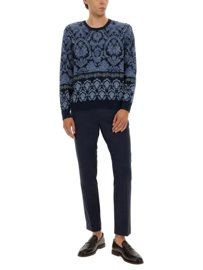 Etro Crew Neck Sweater Intricate Pattern In Blue