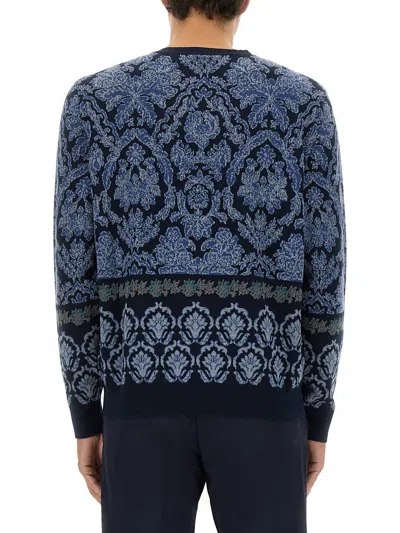 Etro Crew Neck Sweater Intricate Pattern In Blue