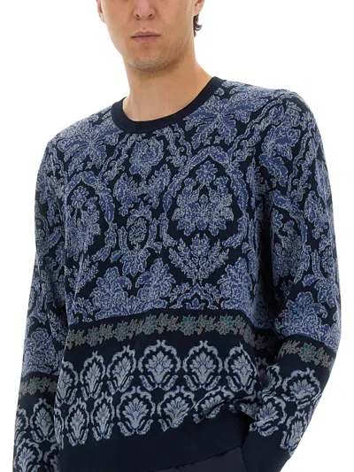 Etro Crew Neck Sweater Intricate Pattern In Blue