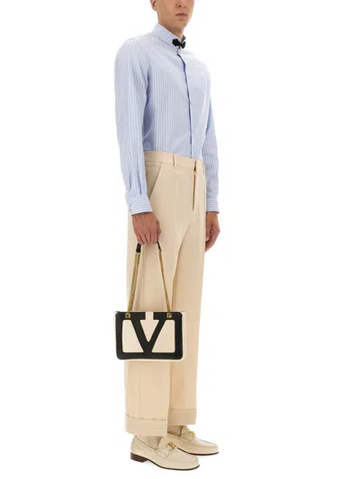 Valentino Cotton Shirt With Striped Pattern And Embroidered Motif In Blue