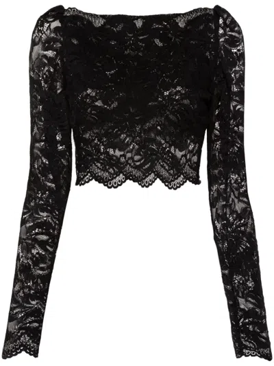 Rabanne Fitted Cropped Lace Top With Long Sleeves In Black