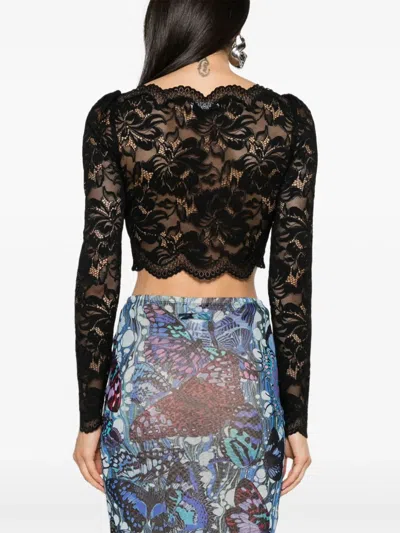 Rabanne Fitted Cropped Lace Top With Long Sleeves In Black