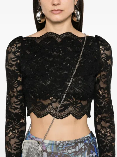 Rabanne Fitted Cropped Lace Top With Long Sleeves In Black
