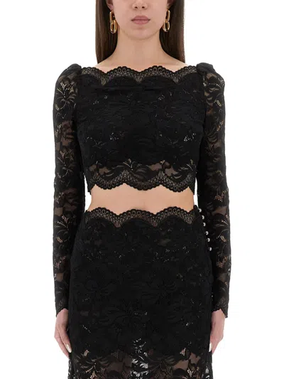 Rabanne Fitted Cropped Lace Top With Long Sleeves In Black