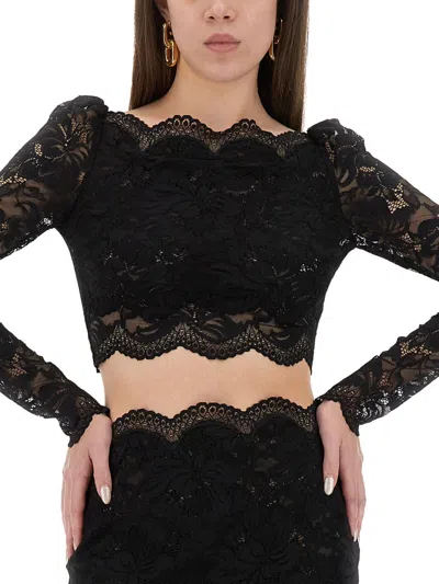 Rabanne Fitted Cropped Lace Top With Long Sleeves In Black