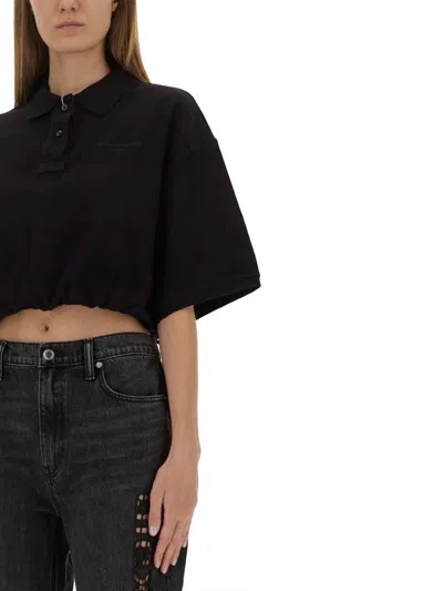Alexander Wang Cropped Polo Collar Top In Black