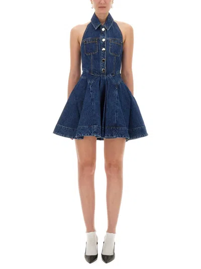 Self-portrait Blue Cotton Denim Flared Mini Dress In Blue