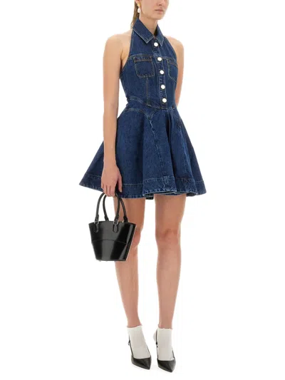 Self-portrait Blue Cotton Denim Flared Mini Dress In Blue
