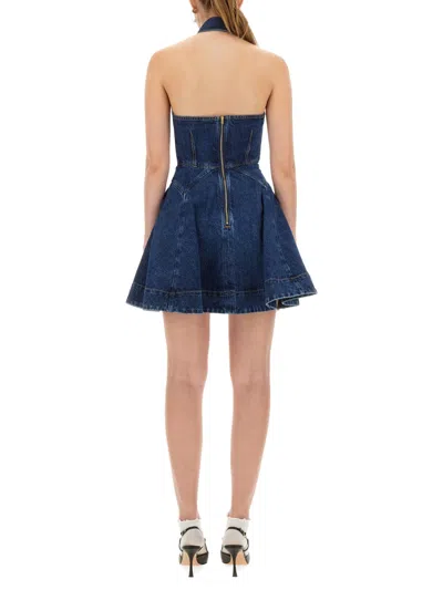 Self-portrait Blue Cotton Denim Flared Mini Dress In Blue