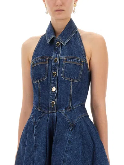 Self-portrait Blue Cotton Denim Flared Mini Dress In Blue