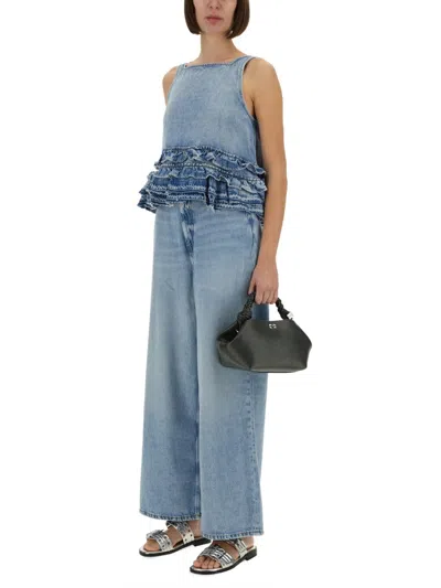 Ganni Ruffle Strap Back Sleeveless Top In Blue