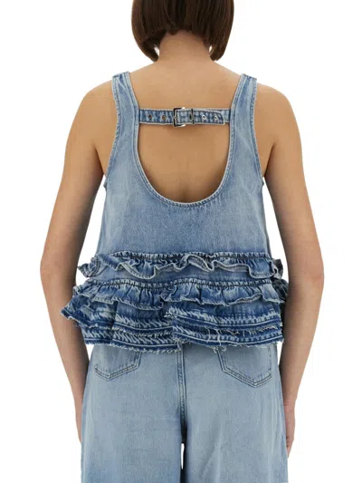 Ganni Ruffle Strap Back Sleeveless Top In Blue