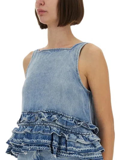 Ganni Ruffle Strap Back Sleeveless Top In Blue