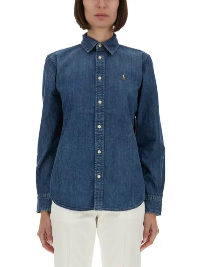 Polo Ralph Lauren Long Sleeve Button Front Shirt In Blue
