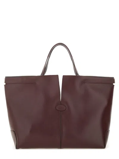 Tod's Bordeaux Tote Bag With Two Top Handles And Embossed Logo Lettering On The Front In Burgundy