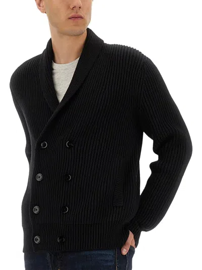 Tom Ford Shawl Collar Double-breasted Front Pockets Ribbed Texture In Black