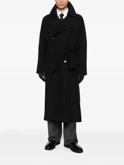 Saint Laurent Double-breasted Long Coat In Grain De Poudre Clothing In Black