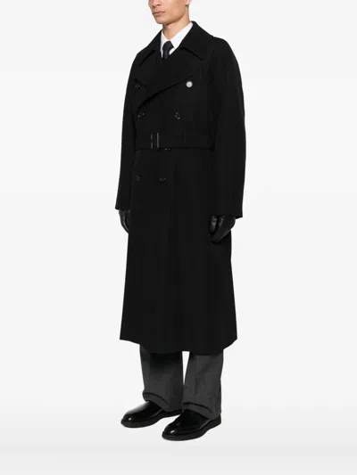 Saint Laurent Double-breasted Long Coat In Grain De Poudre Clothing In Black