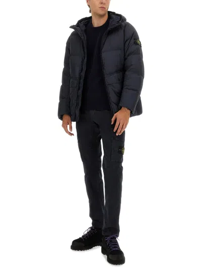 Stone Island Blue Down Jacket With Drawstring Hood And Logo Patch On The Sleeve In Tech Fabric Man In Blue