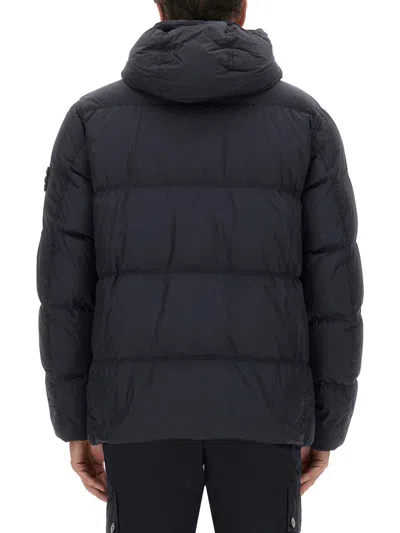 Stone Island Blue Down Jacket With Drawstring Hood And Logo Patch On The Sleeve In Tech Fabric Man In Blue