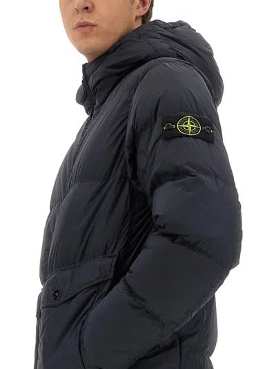 Stone Island Blue Down Jacket With Drawstring Hood And Logo Patch On The Sleeve In Tech Fabric Man In Blue