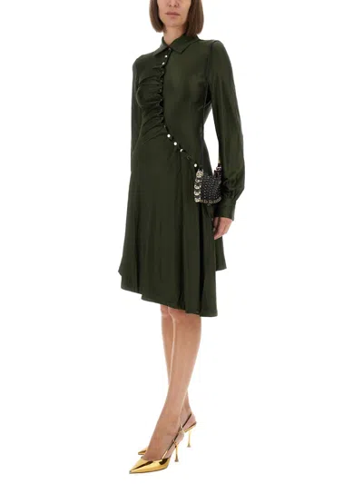 Rabanne Ruched Button Long-sleeve Mini Shirtdress In Green
