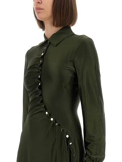 Rabanne Ruched Button Long-sleeve Mini Shirtdress In Green