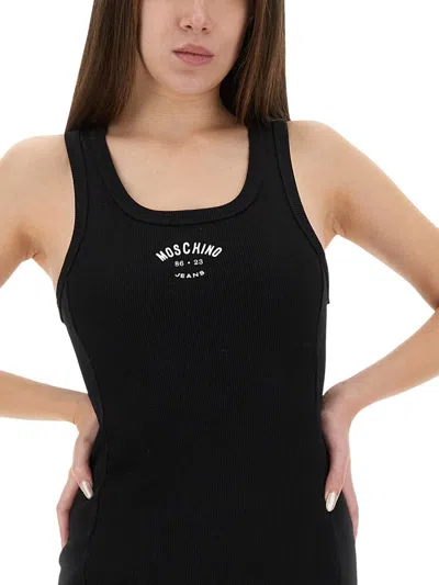 Moschino Ribbed Tank Dress With Logo Detail In Black