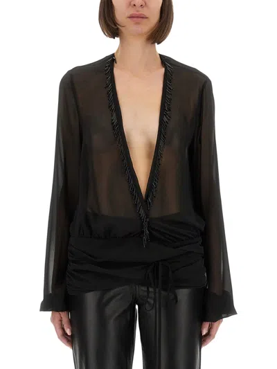 Attico Fringe Detailing Georgette Blouse With Ruched Waist In Black