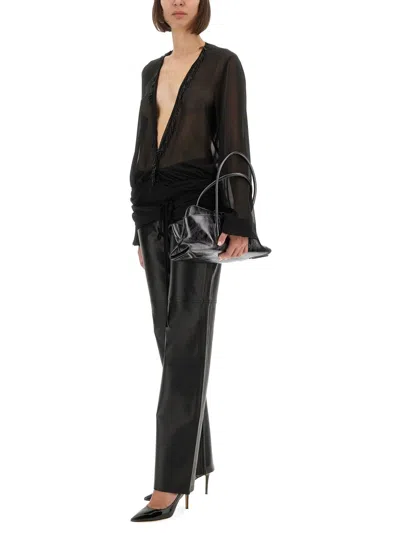 Attico Fringe Detailing Georgette Blouse With Ruched Waist In Black