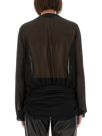 Attico Fringe Detailing Georgette Blouse With Ruched Waist In Black