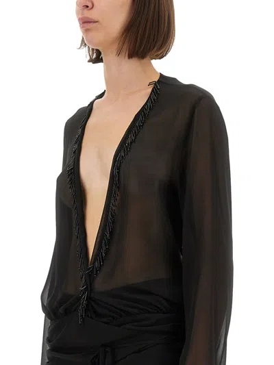 Attico Fringe Detailing Georgette Blouse With Ruched Waist In Black