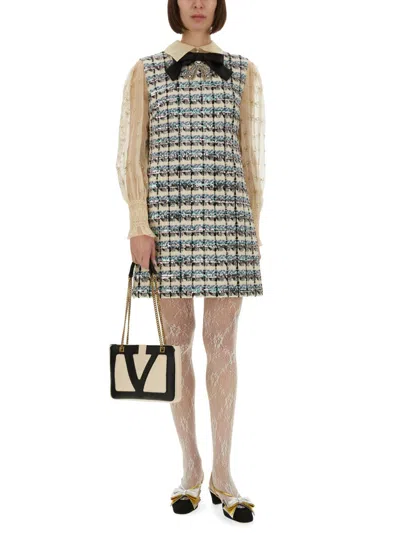 Valentino Embroidered Tweed Dress In Gray