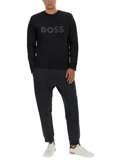 Hugo Boss Stretch-cotton Sweatshirt With Sandwich Logo In Black