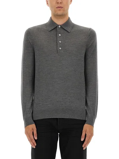 Tom Ford Grey Long-sleeved Polo Shirt With Classic Collar And Refined Trim In Gray