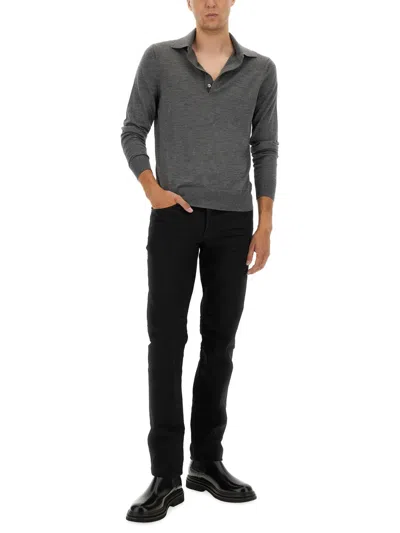 Tom Ford Grey Long-sleeved Polo Shirt With Classic Collar And Refined Trim In Gray