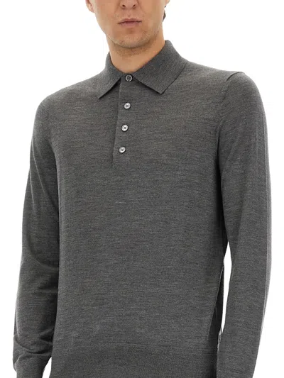 Tom Ford Grey Long-sleeved Polo Shirt With Classic Collar And Refined Trim In Gray